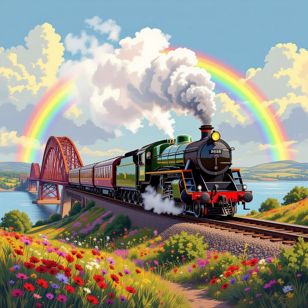 Vintage Train on Firth of Forth Bridge in Dreamy Style
