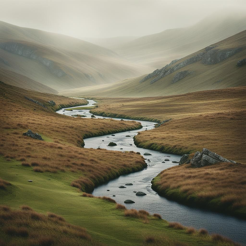 Misty Moor Landscape with Serene Stream
