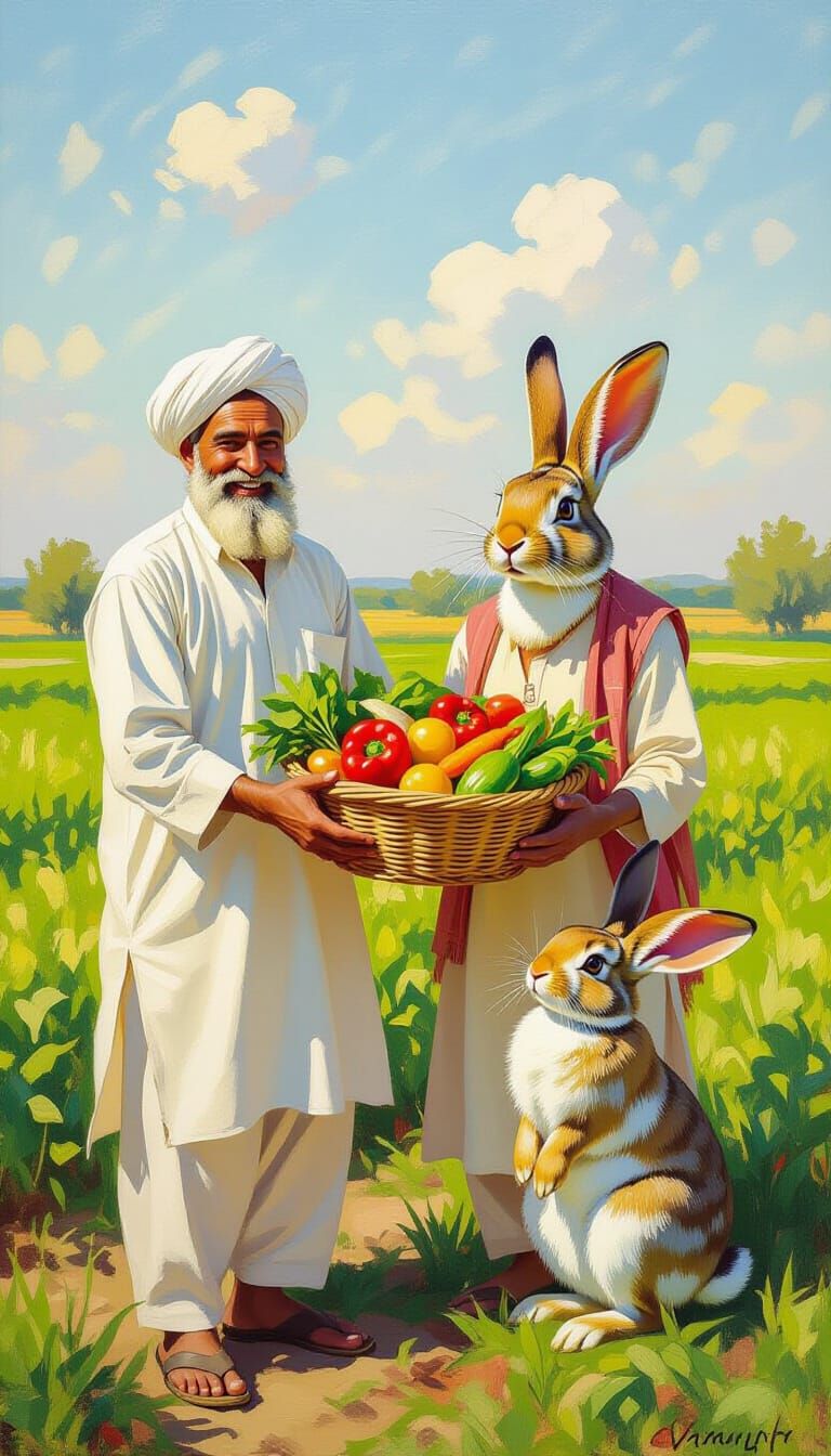 Farmer Offers Vegetables to Friendly Rabbit in Impressionist...