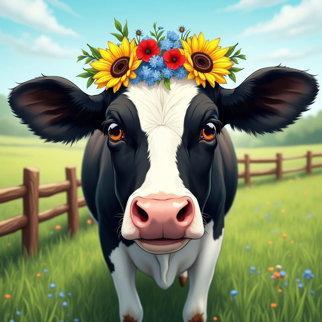 Gentle Friesian Cow with Vibrant Floral Headdress