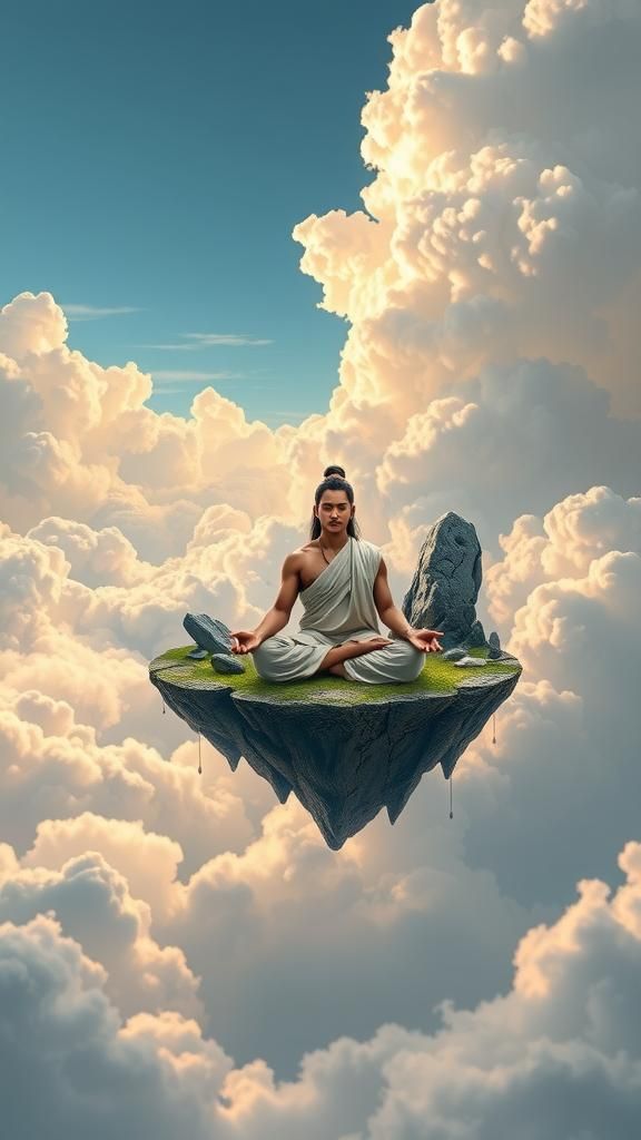 Taoist Meditating on Floating Island in Fantasy Style