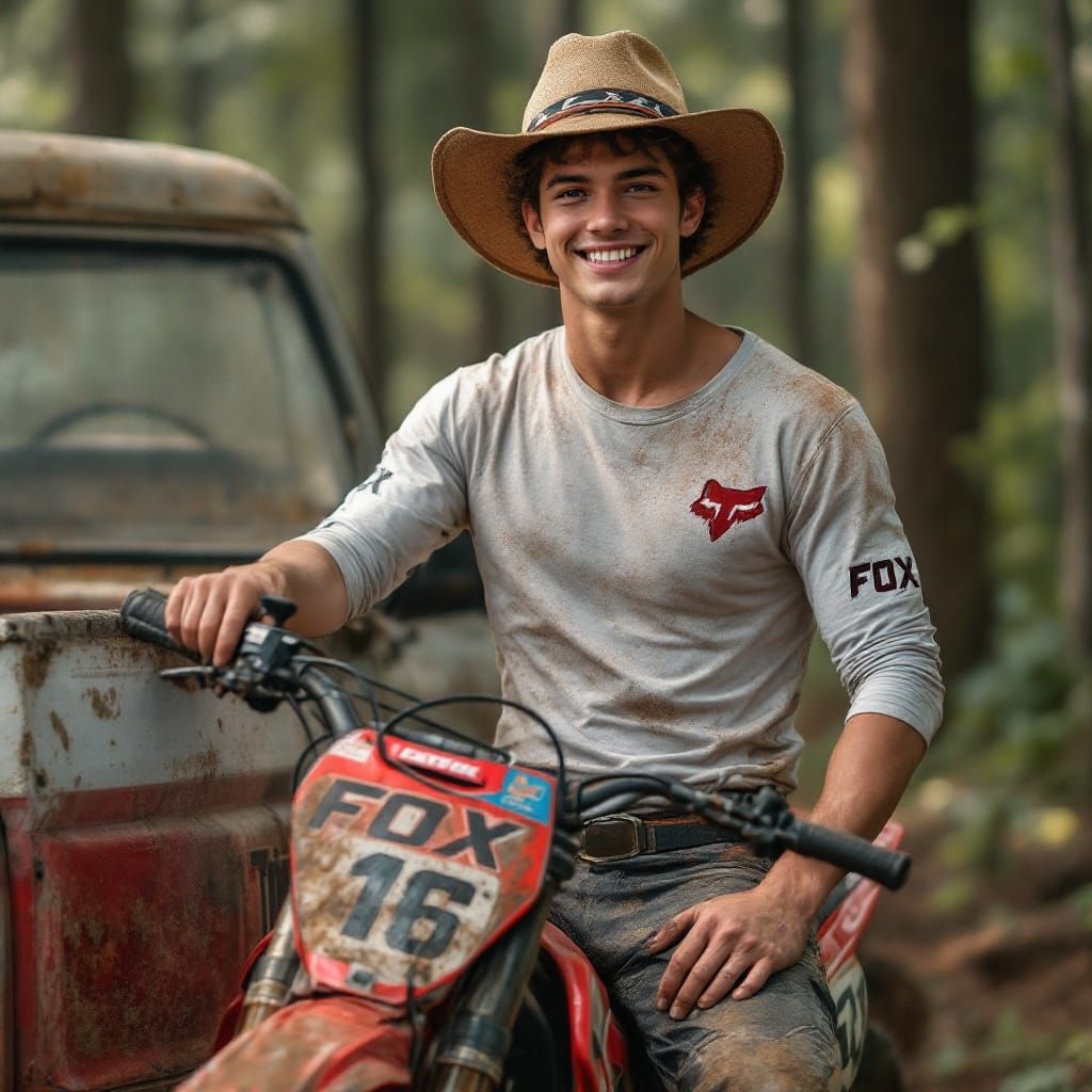 Motocross Racer in Cowboy Hat: 8k Photo