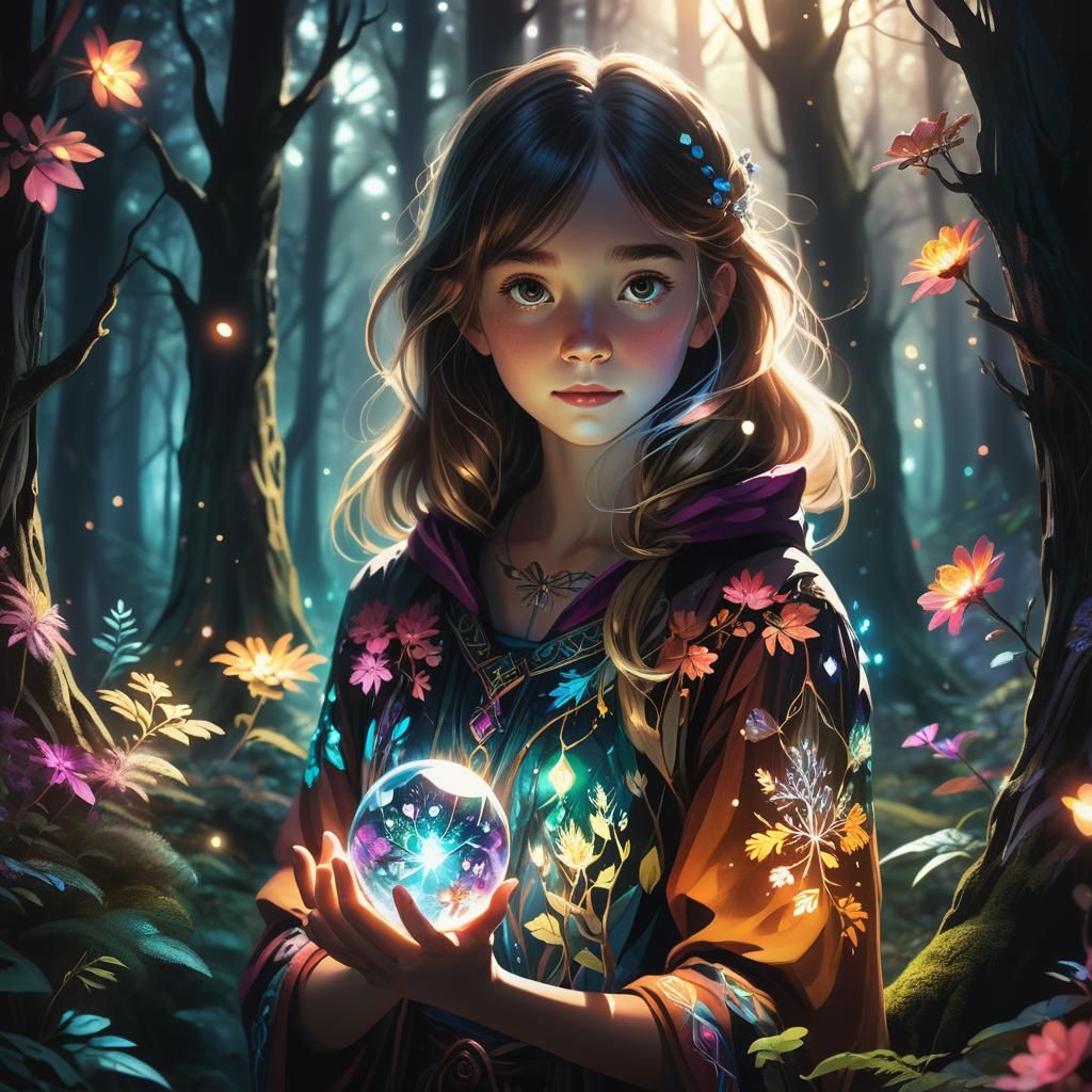 Girl with Glowing Orb in Mystical Forest