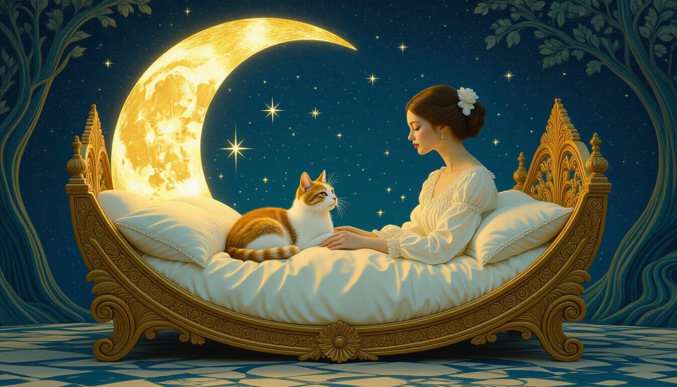 Woman and Cat in Sun and Moon Bed