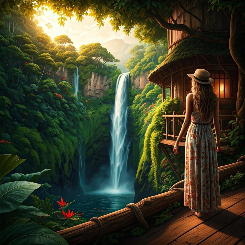 Woman Gazes at Waterfall from Bohemian Treehouse