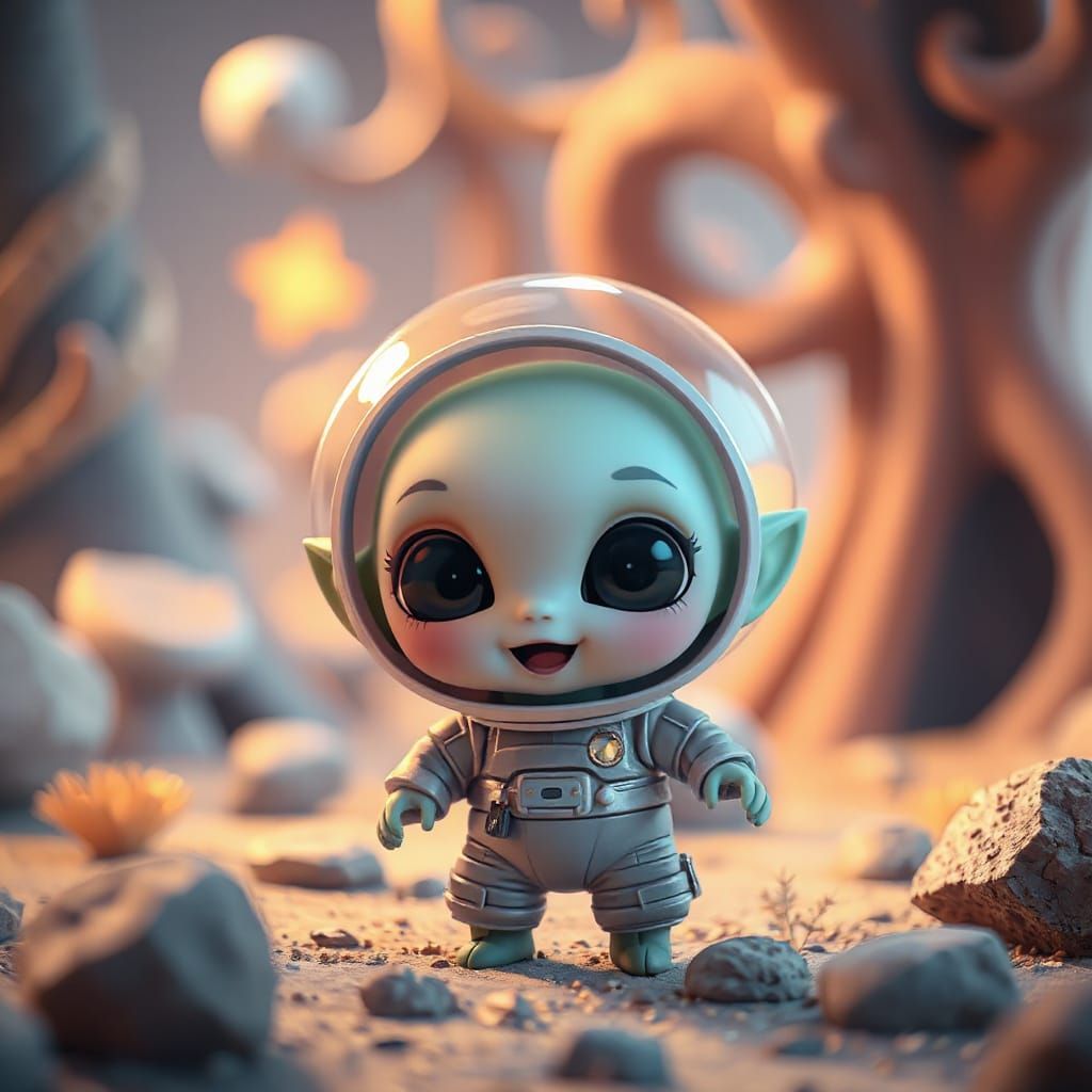 Kawaii Chibi Alien in Whimsical Otherworldly Environment