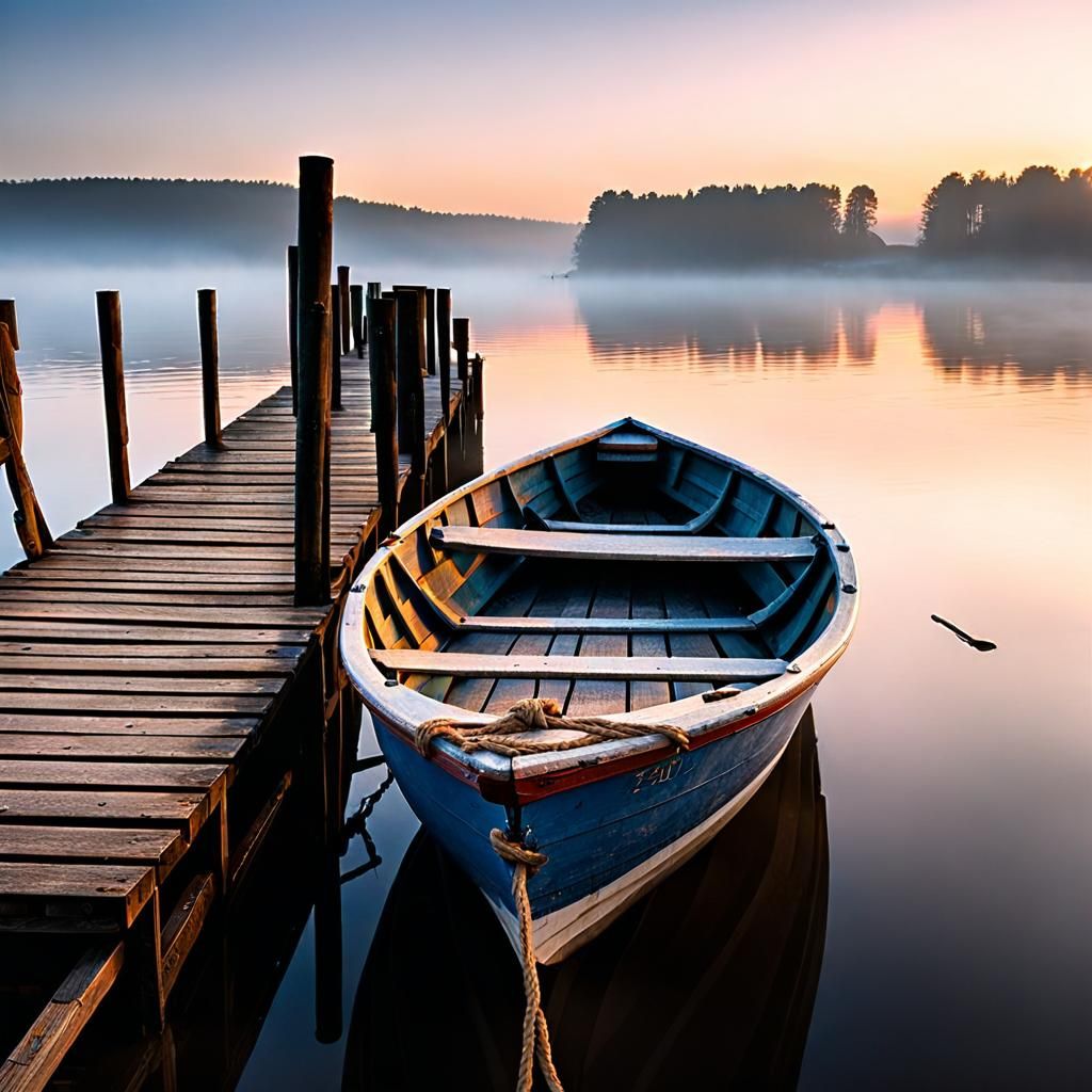 Misty Sunrise Rowboat: 8k Professional Photography