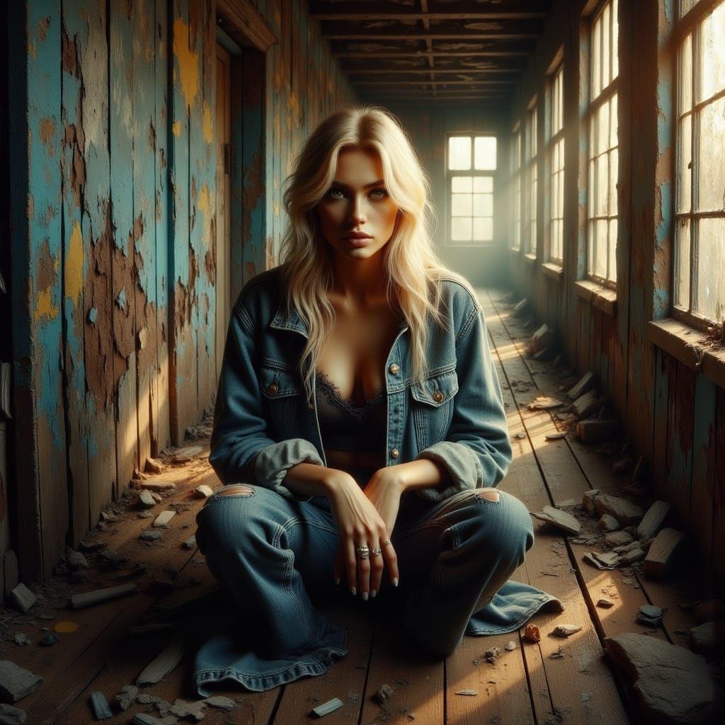 Contemplative Woman in Decaying Room, Moody Art
