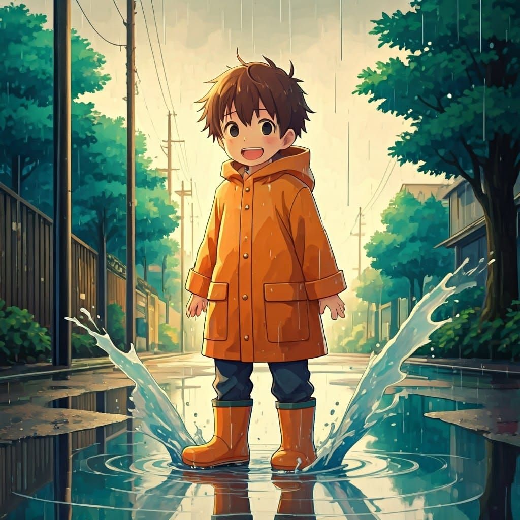 Boy Splashing in Puddle: Anime-Inspired Art