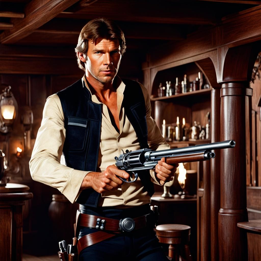 Han Solo, shooting blaster, in western saloon