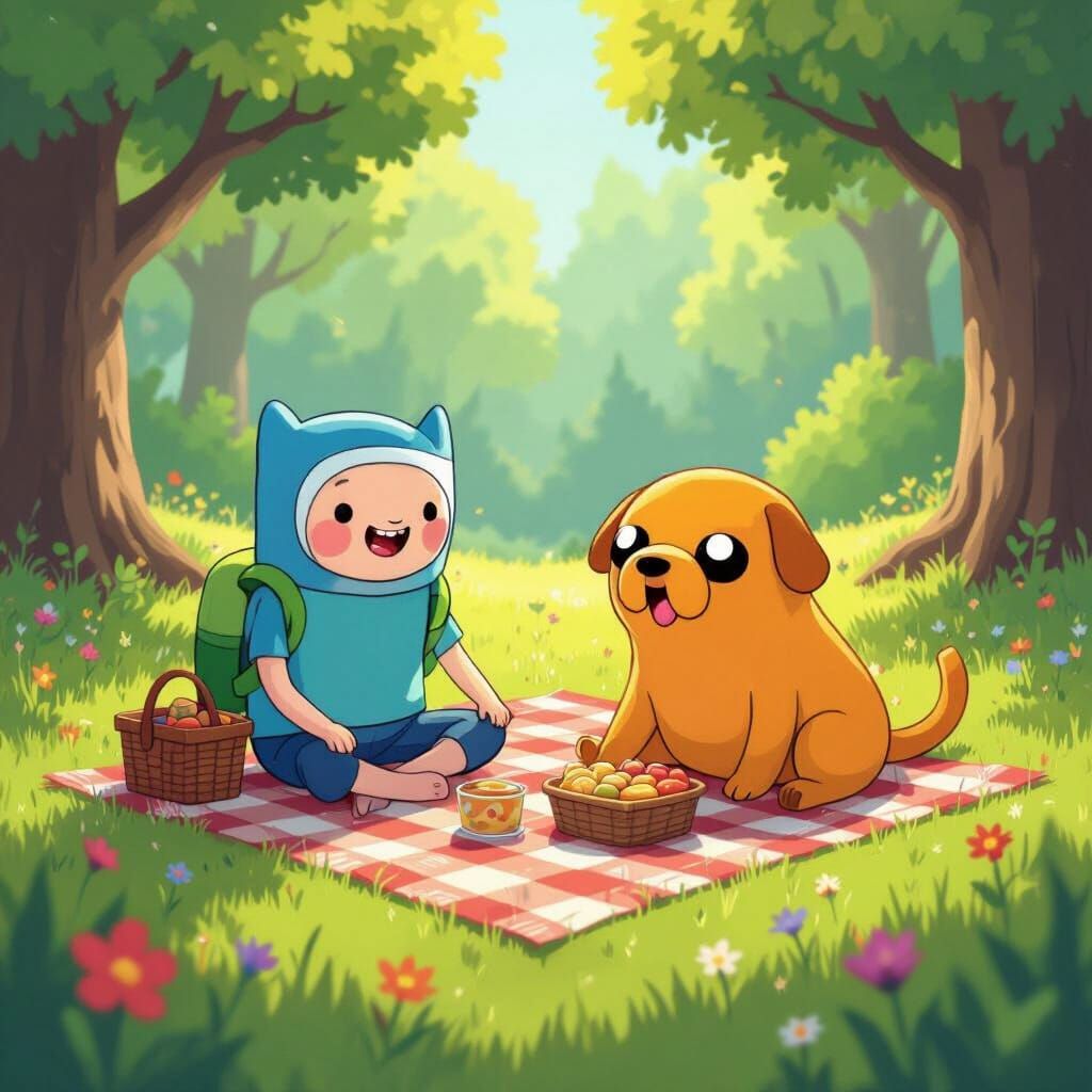 Finn and Jake Picnic in Sun-Dappled Meadow
