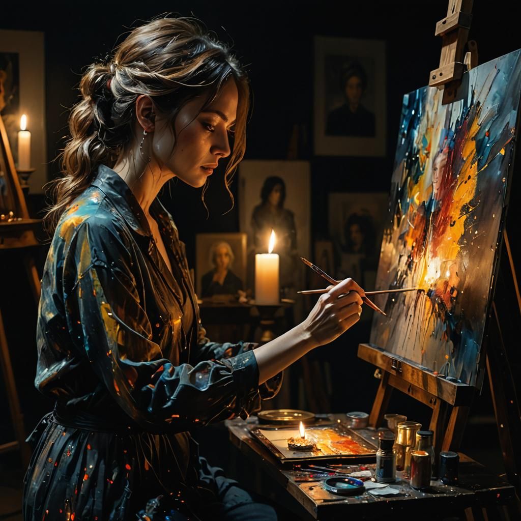 Woman Painting in Candlelight: A Minimalist Masterpiece