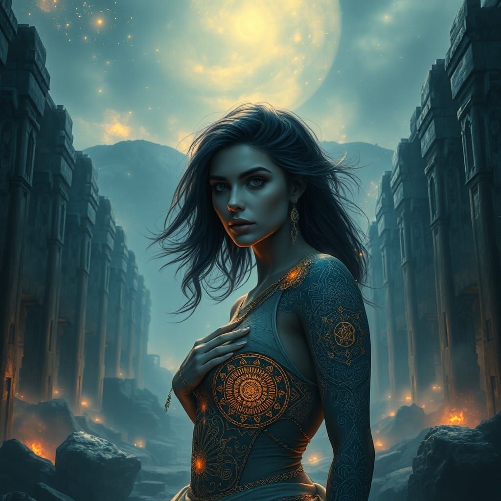 Mystical Woman with Celestial Tattoos in Ancient Ruins