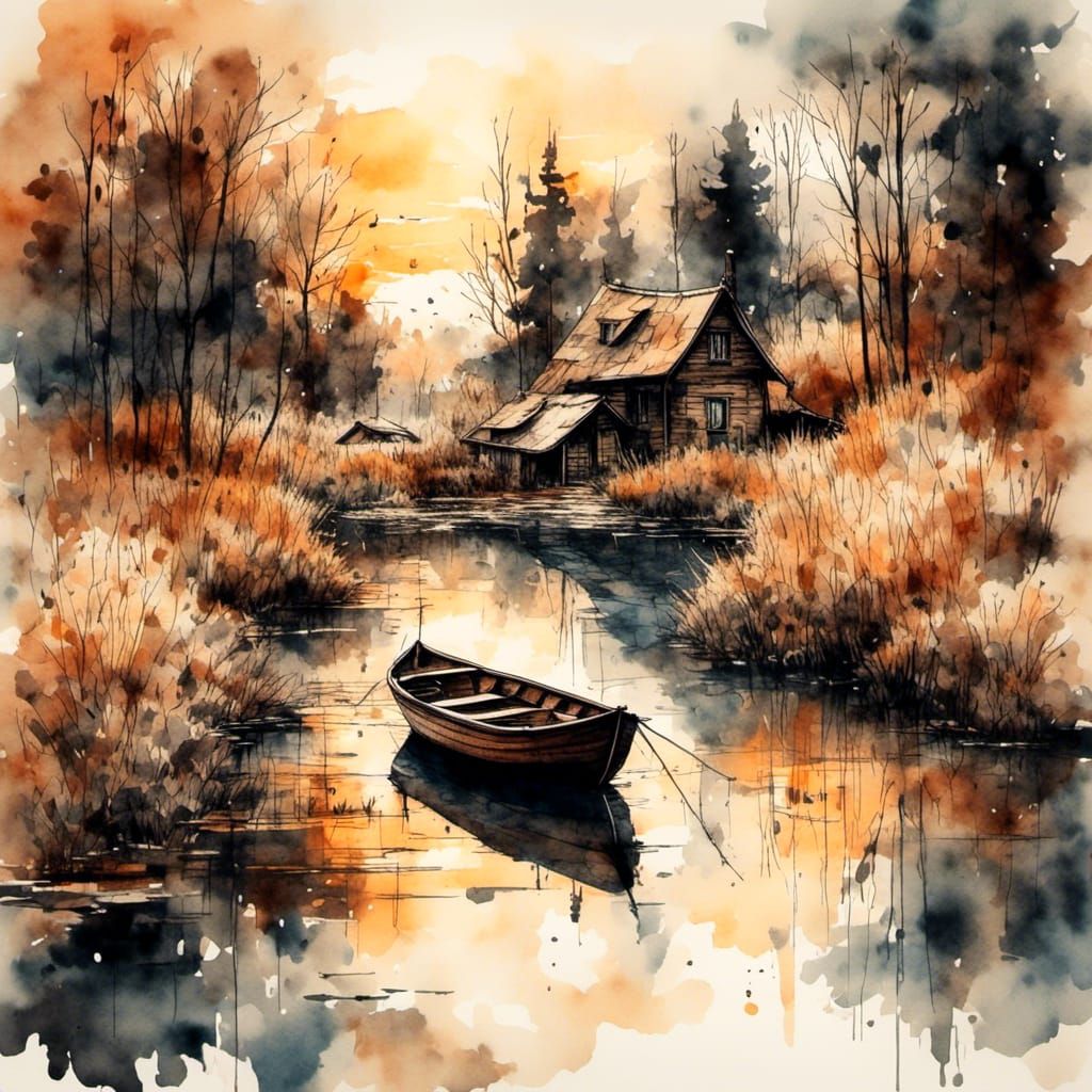 Steampunk River Scene in Antique Watercolor Style