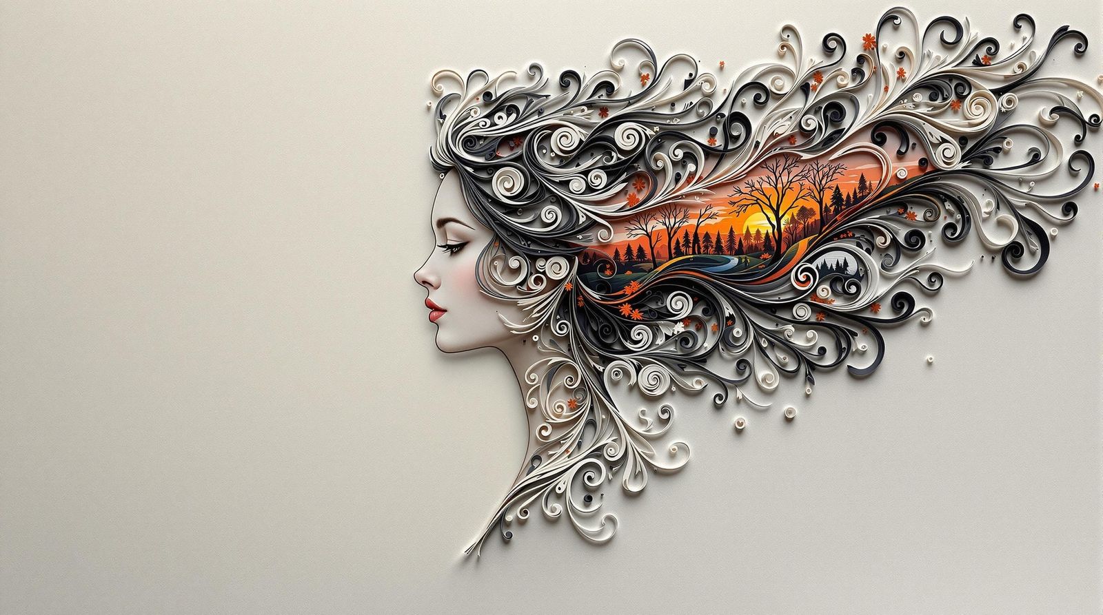 Intricate Quilled Portrait of a Woman Amidst Autumn Landscap...