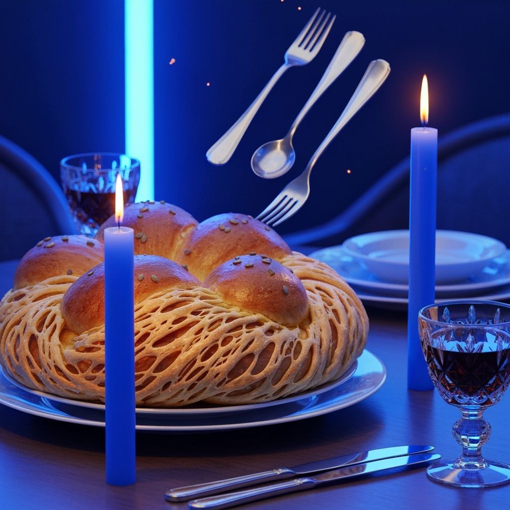 Shabbat Table with Floating Cutlery in Neon Light