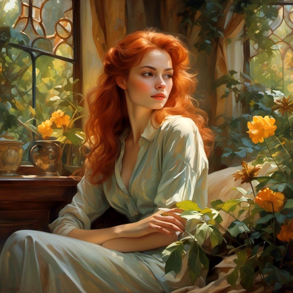 Dreamlike Redhead in Ethereal Garden Setting