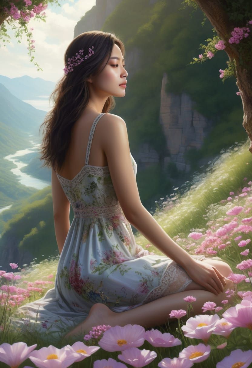 Young Woman Finds Serenity in a Vast Valley of Blooming Flow...