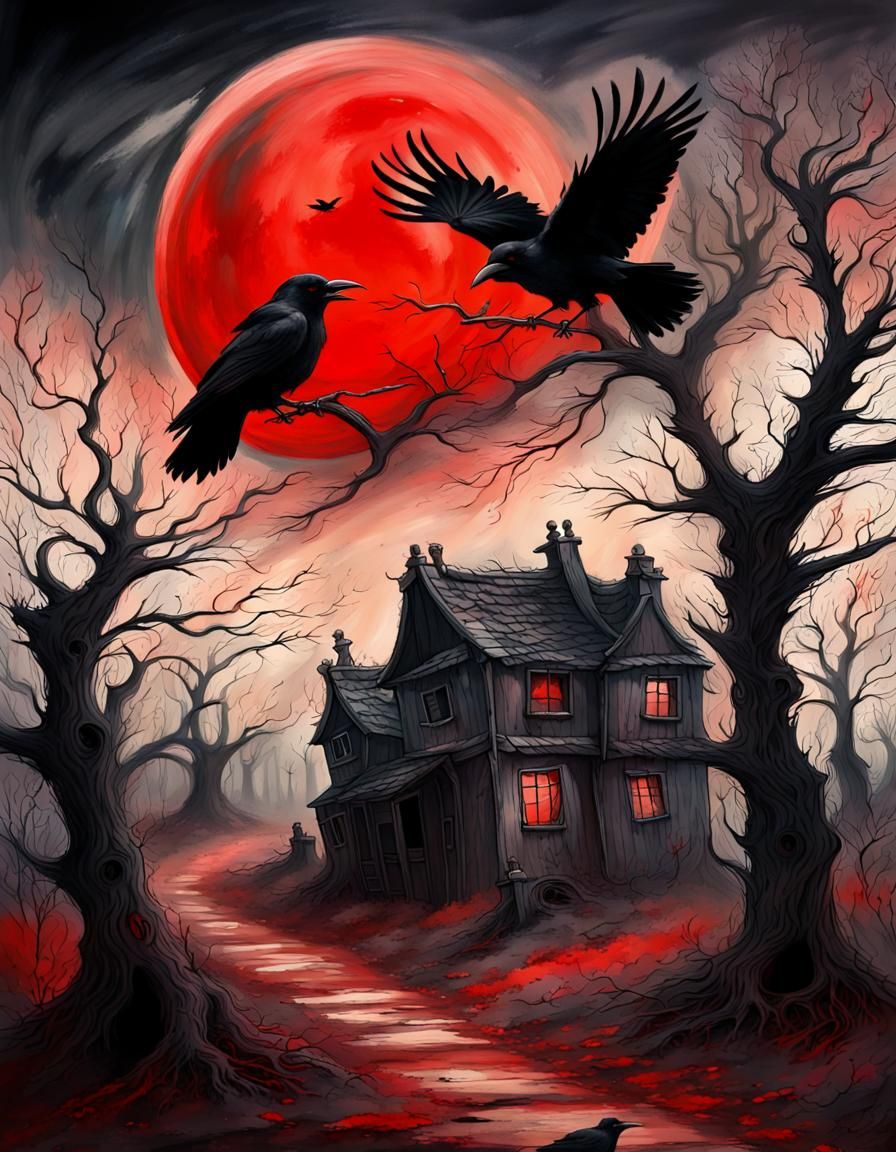 Spooky Haunted Village with Red Moon, Dark Fantasy