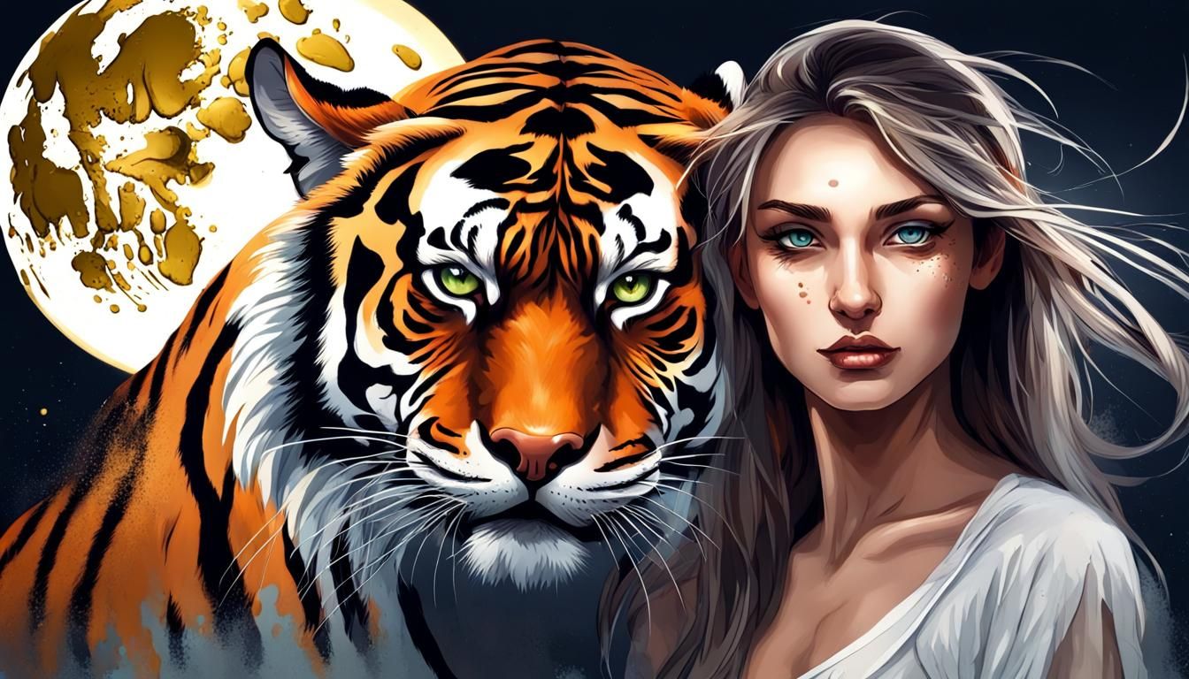 Radiant Angel and Tiger Under the Moon