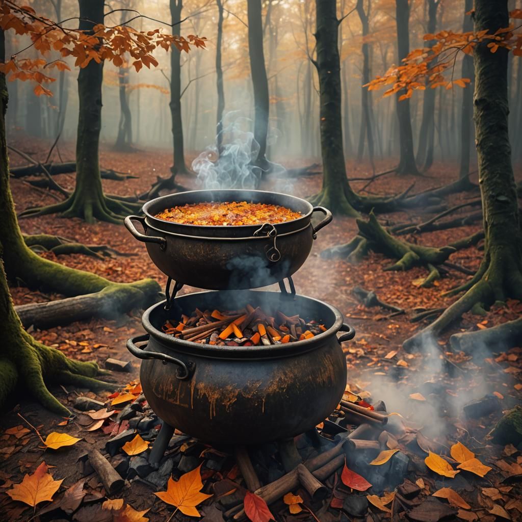 Magical Autumn Cauldron in Mystical Forest: Digital Painting