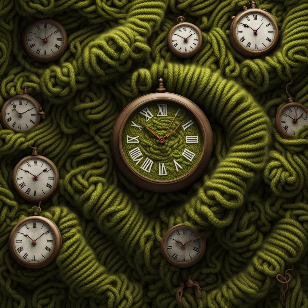 Moss-Covered Knitted Clocks in Detailed Matte Painting