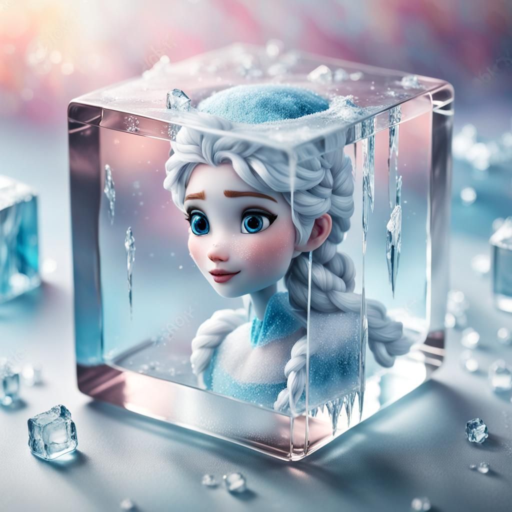 Frozen Figure Inside Glass Cube: Surreal Oil Painting