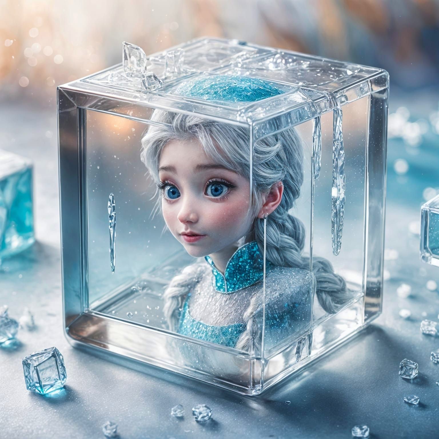 Frozen Girl Inside a Glass Cube