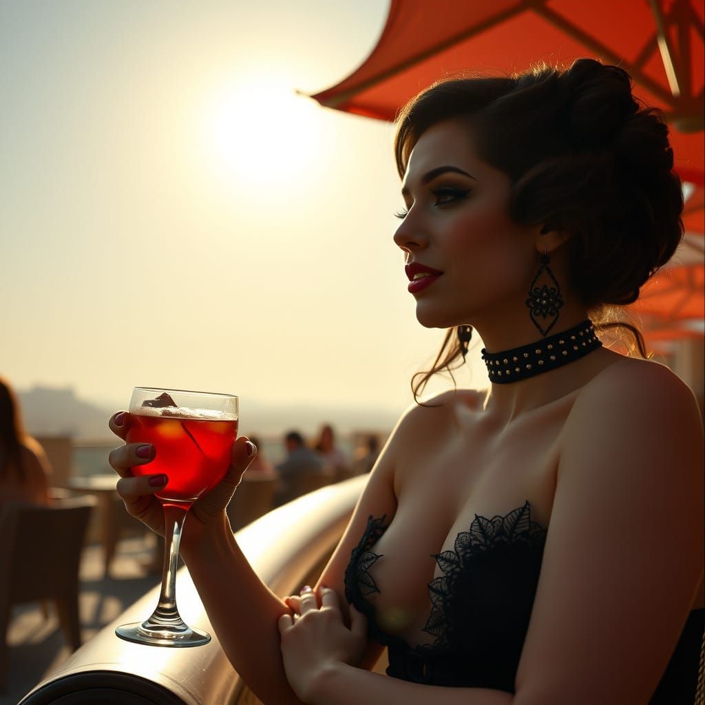 Elegant Vampire Lady Drinks Under the Egyptian Sun