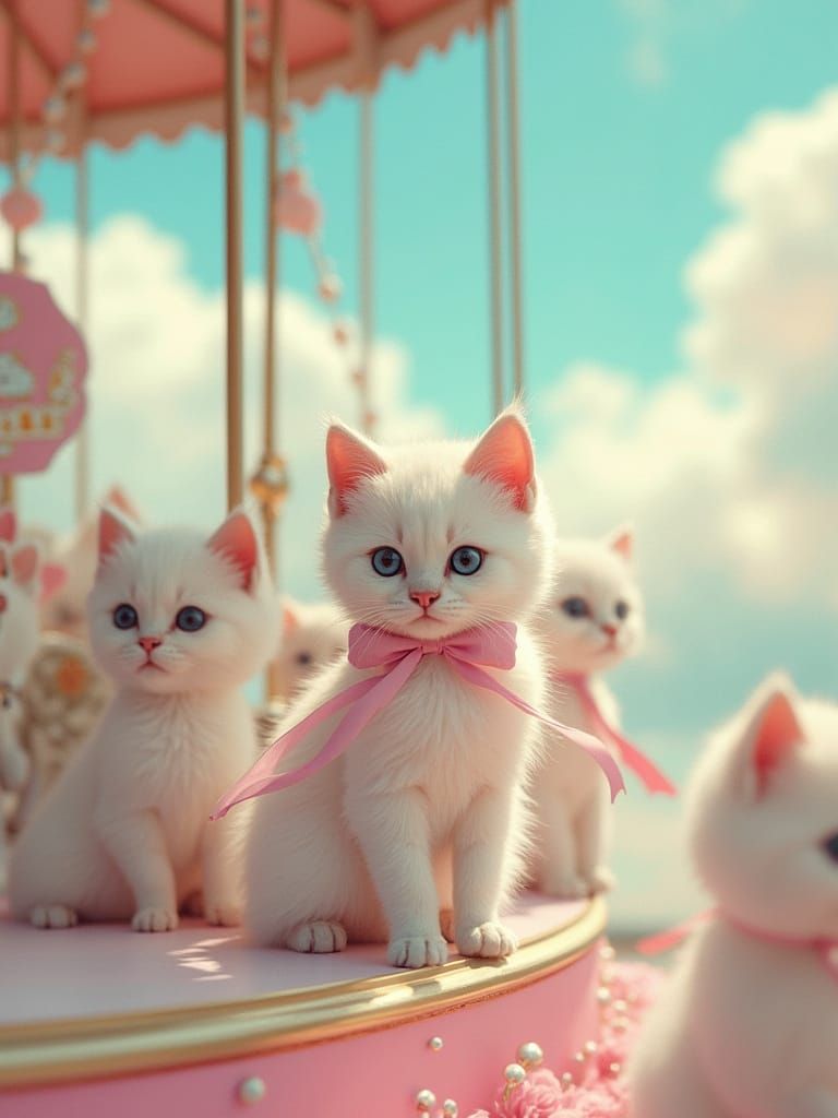 Kittens on a Carousel in Dreamlike Kitsch Style