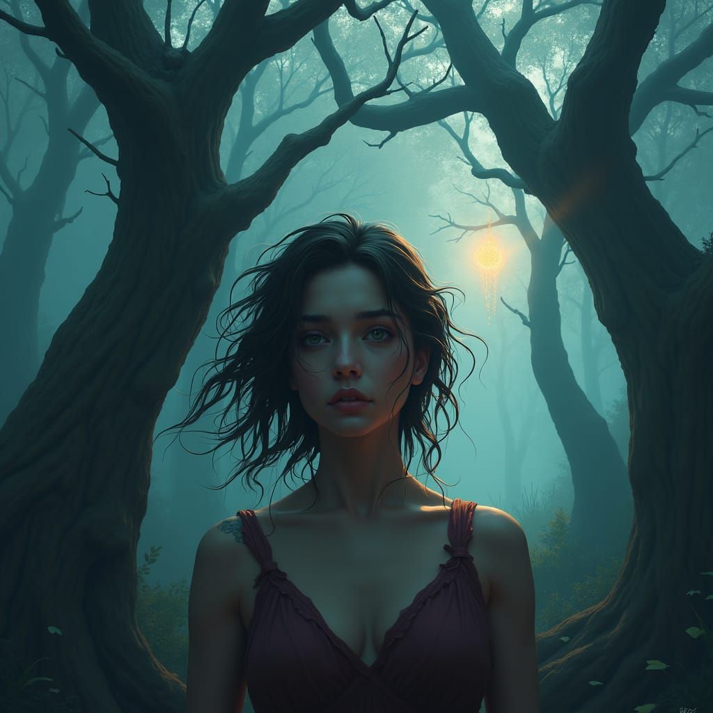 Anxious Woman in Mystical Forest: Digital Matte Painting