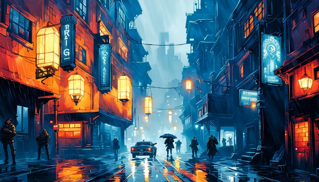 Rainy Cyberpunk Street Scene in Comic Art Style