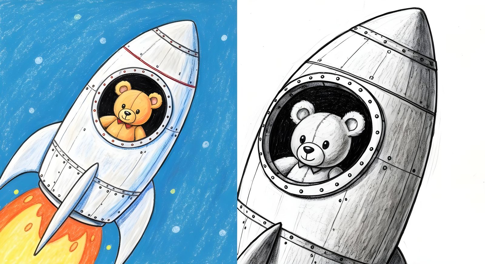 Crayon Rocket with Teddy Bear, Charcoal Drawing