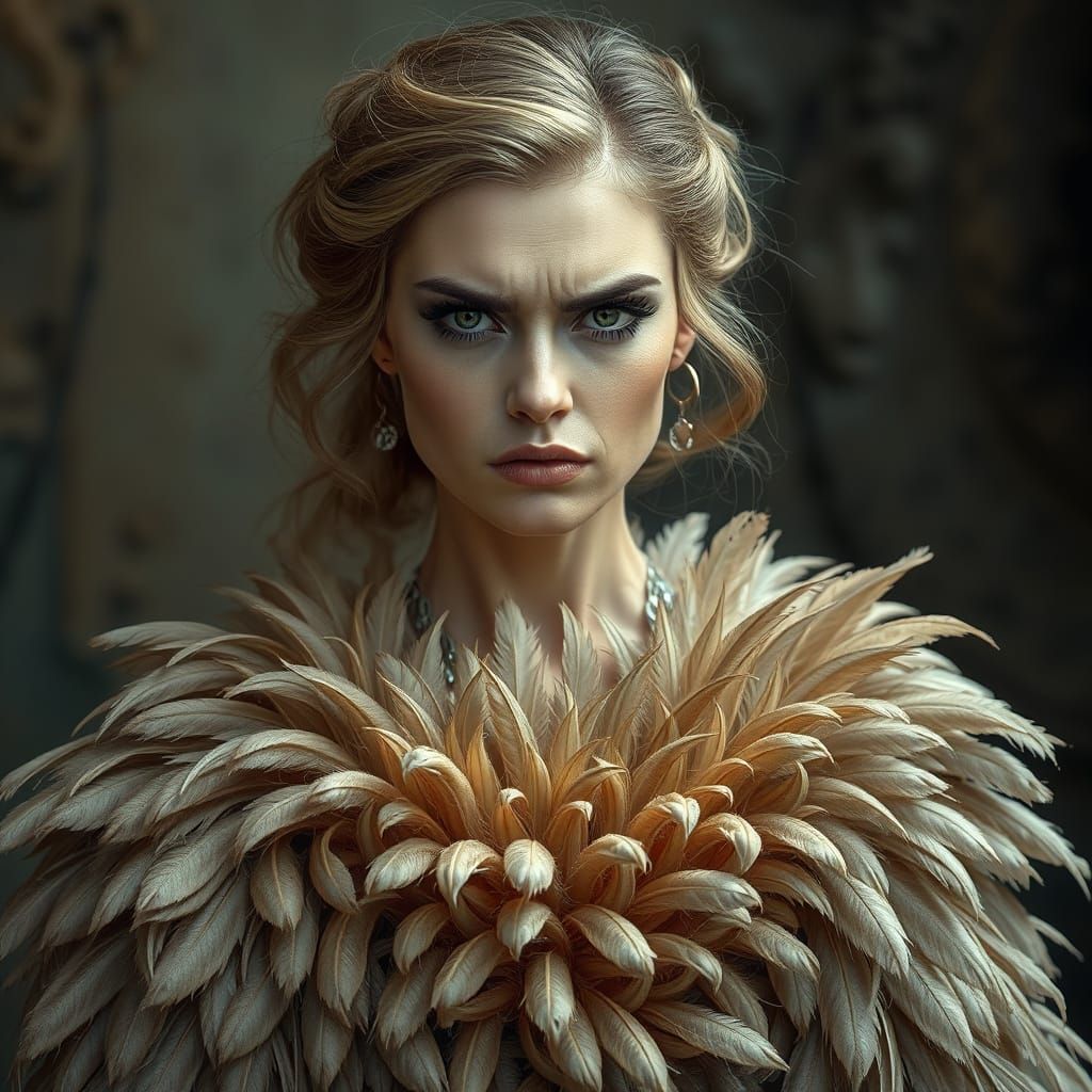 Feather Dress: Hyperrealistic Portrait of a Grumpy Woman