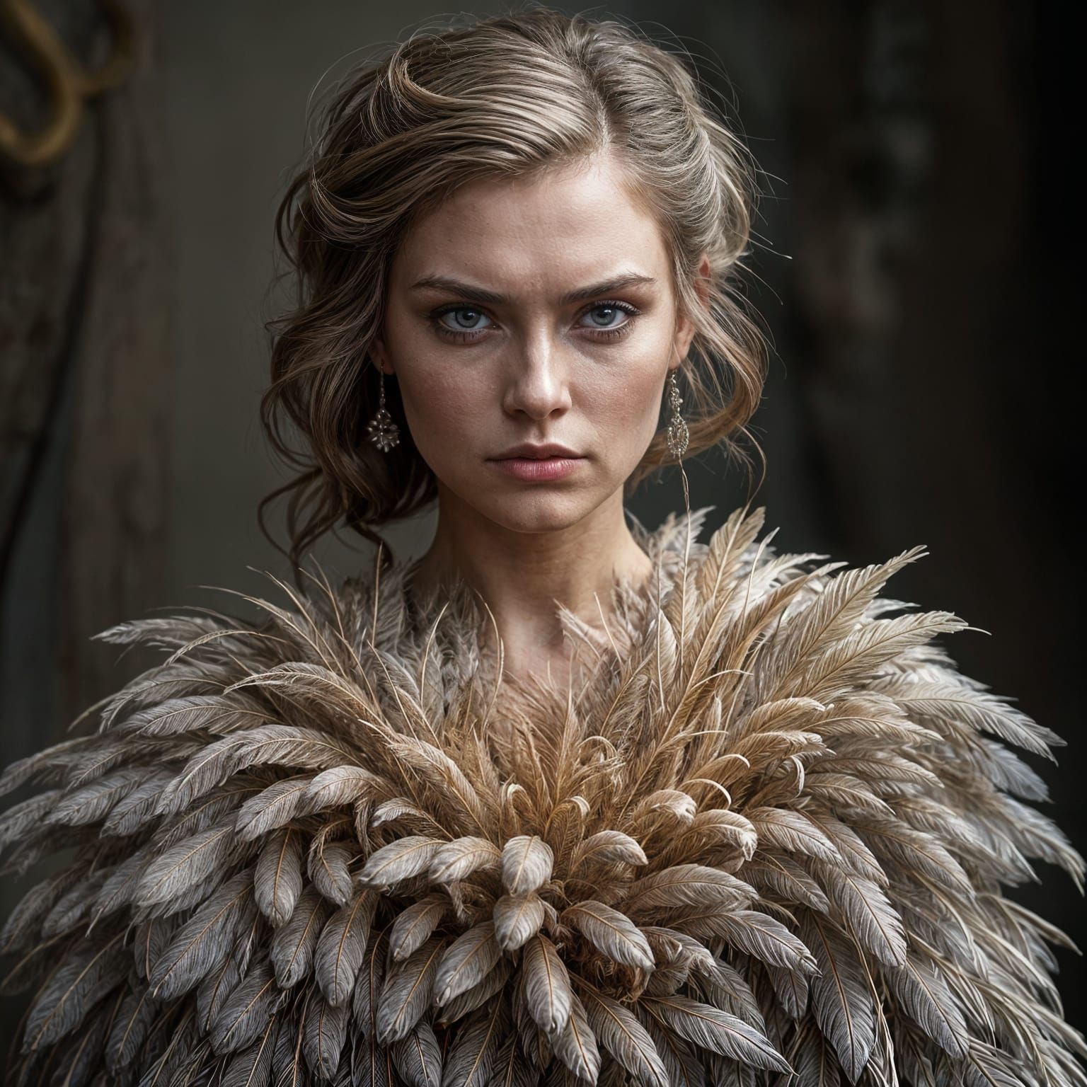 Grumpy Woman in Feather Dress, Hyperrealistic Portrait