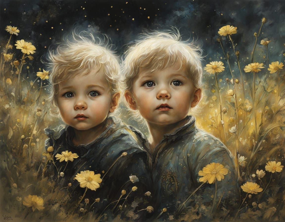 Whimsical Toddler Siblings Among White Wildflowers