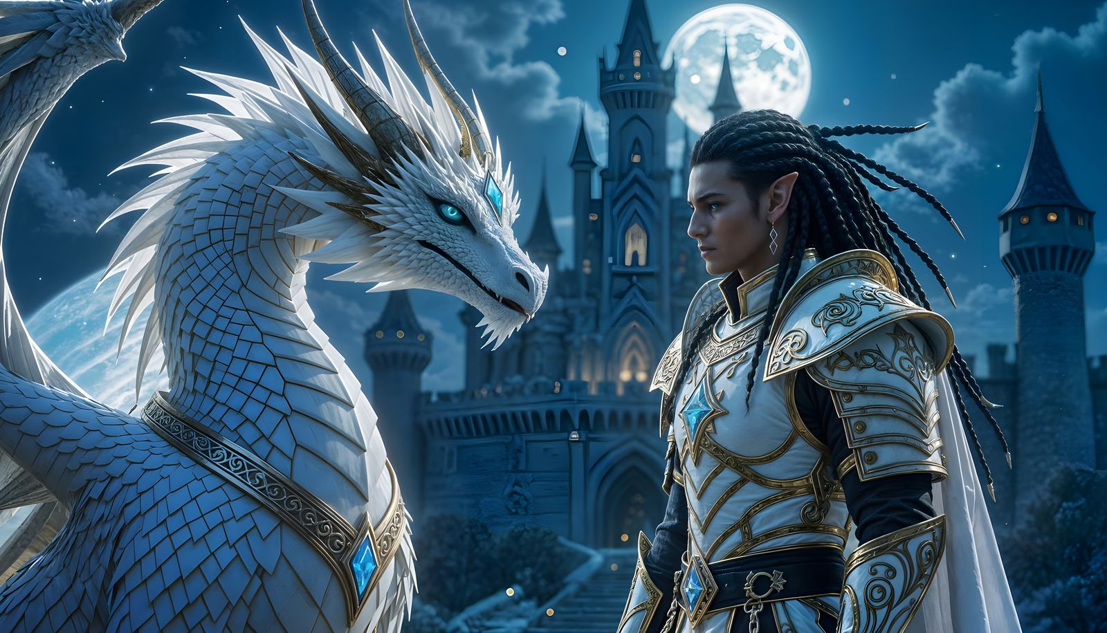 Elf Prince With Dragon Beside Castle Under Moonlight