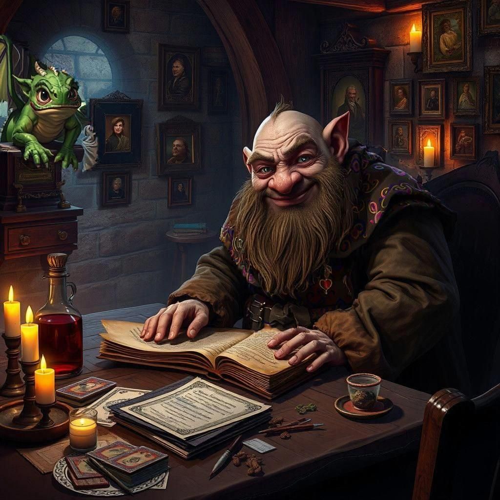 Detailed Dark Fantasy Portrait of Dwarf at Table