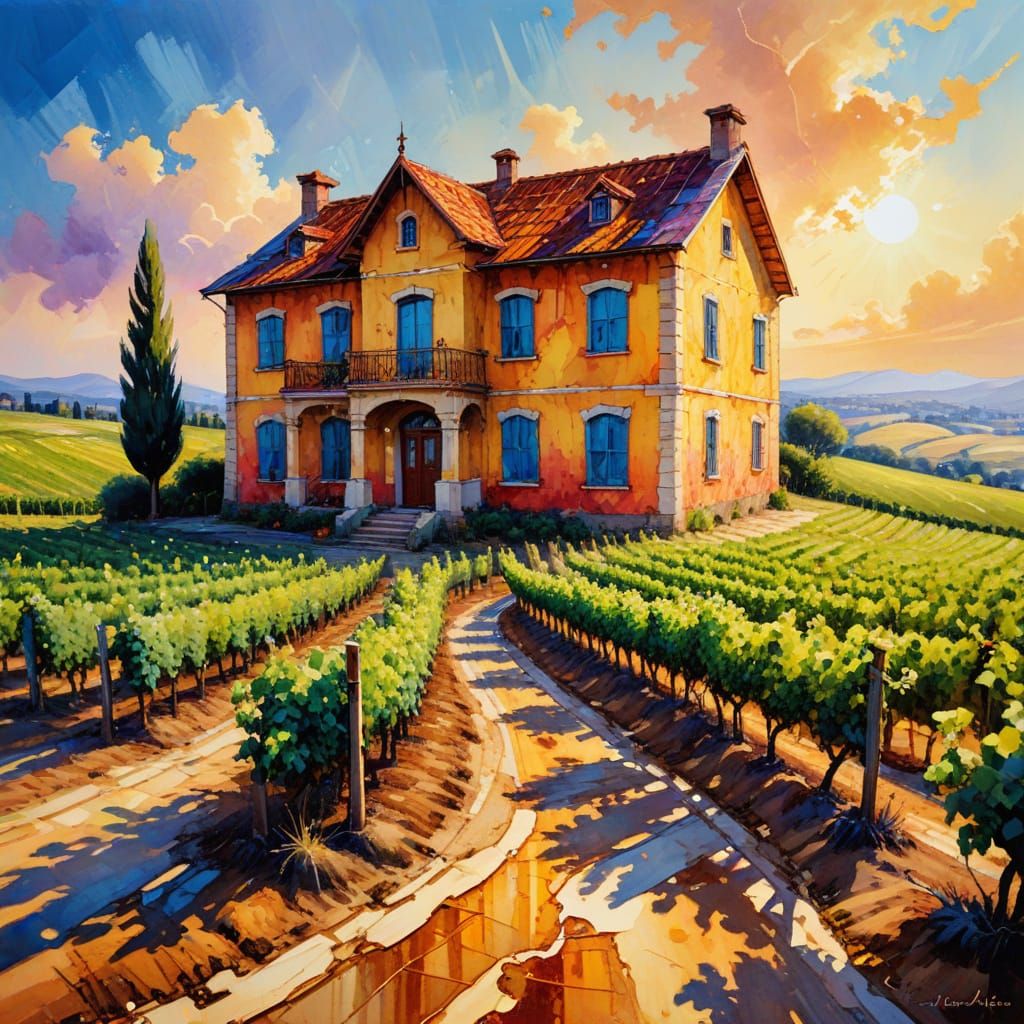 Vineyard Villa: Neo-Impressionist Expressionist Oil Painting