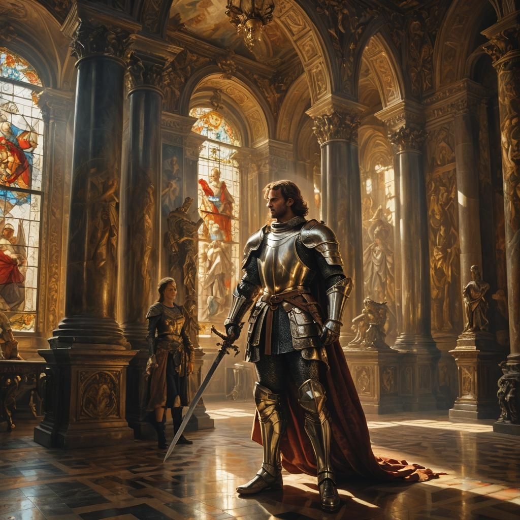 Defiant Knight Defends a Lady, Baroque Painting