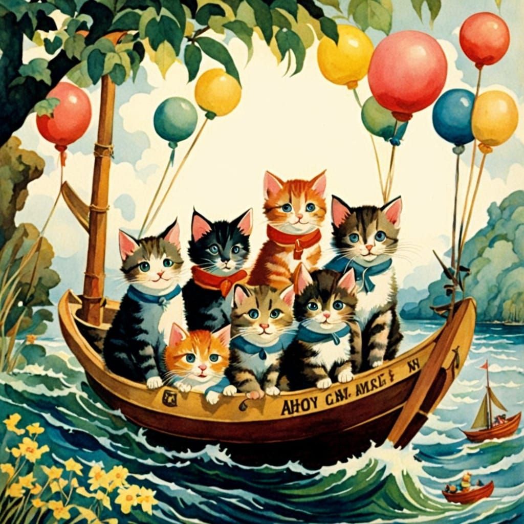 Whimsical Kittens in a Vintage Watercolor Boat Scene