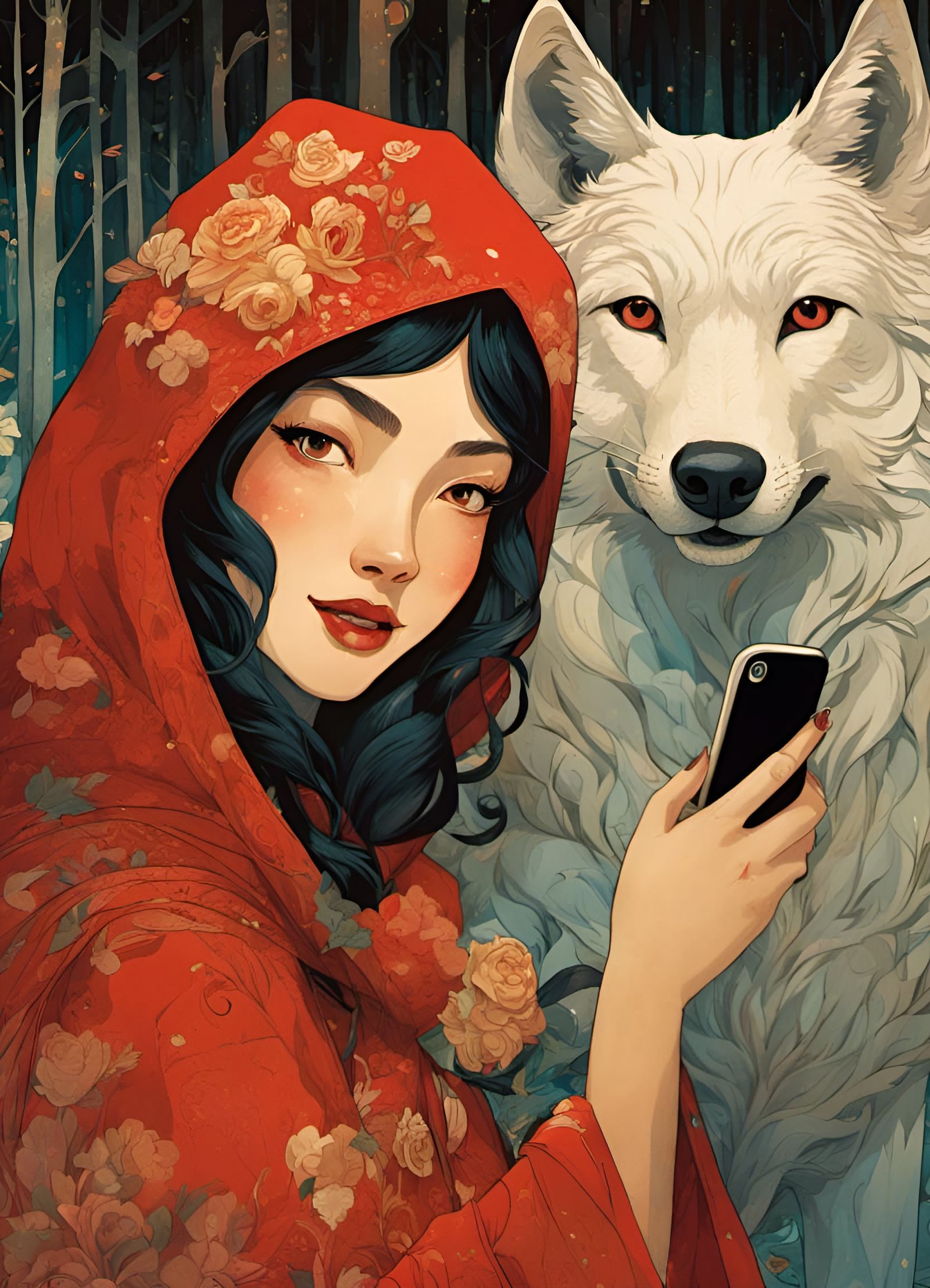 Red riding hood and the big bad wolf taking a selfie