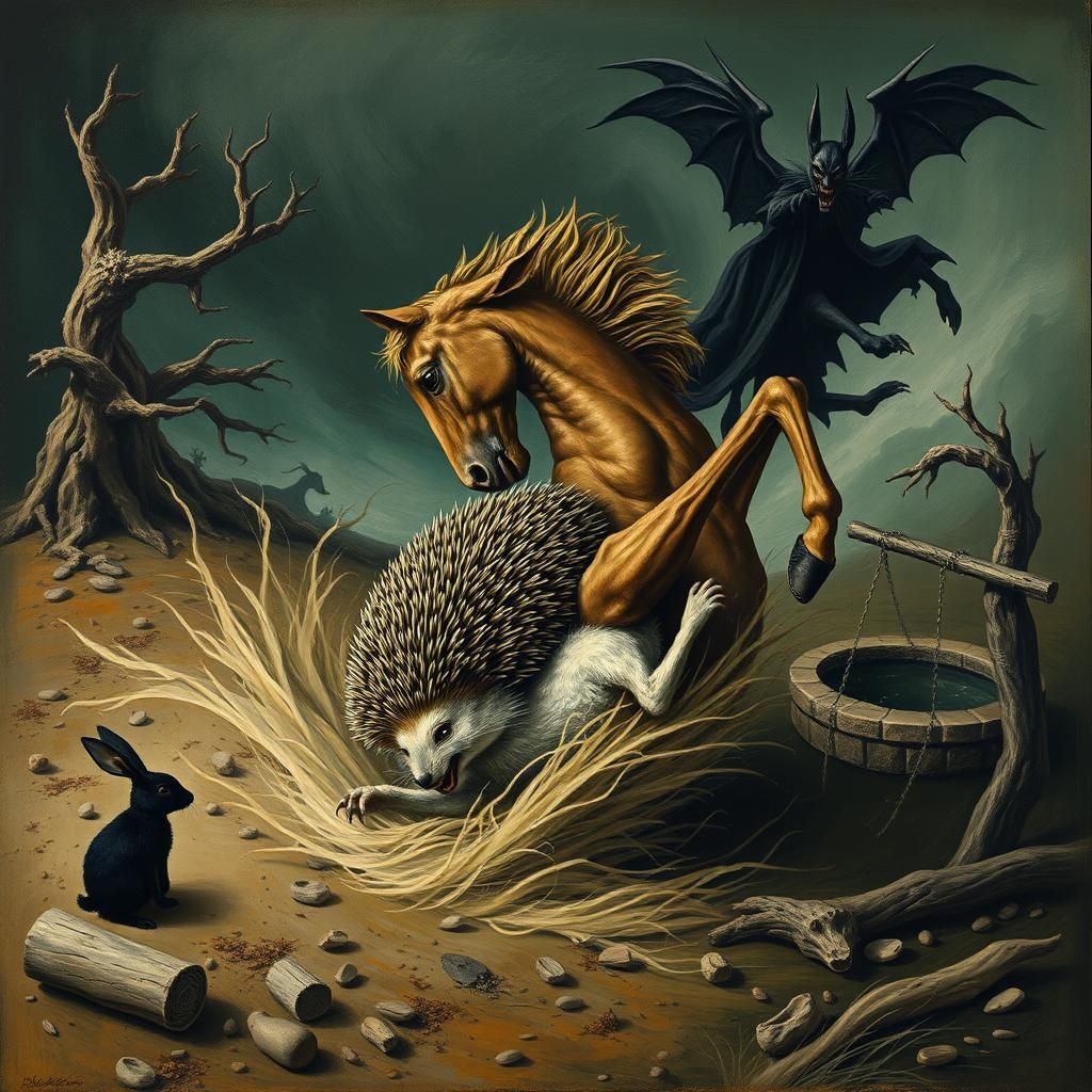 Eerie Horse and Hedgehog Whirlwind in Ominous Style