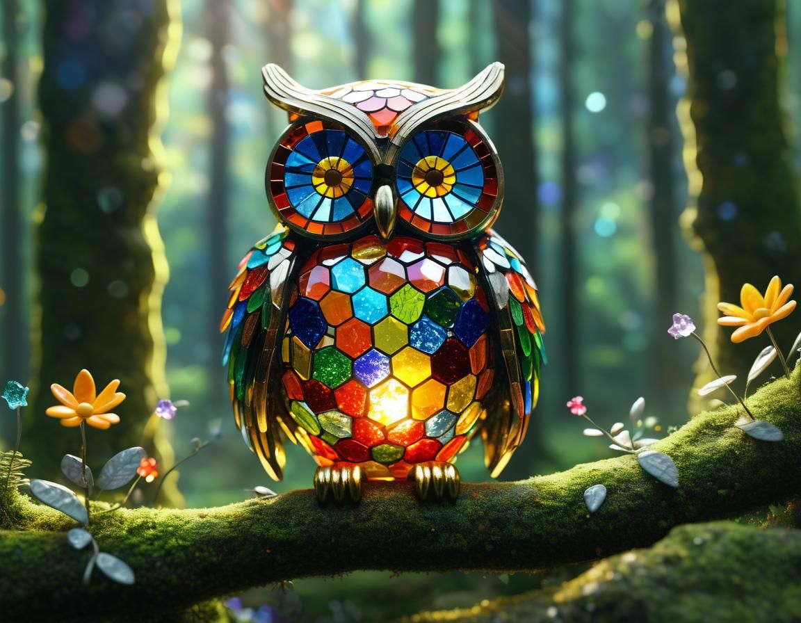 Mosaic Glass Owl in Sunlit Forest: Hypermaximalist Art