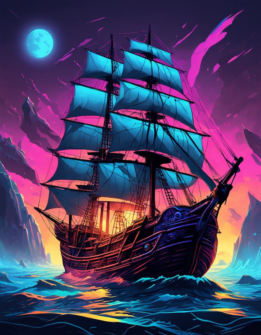 Neon Pirate Shipwreck in Vivid Digital Illustration