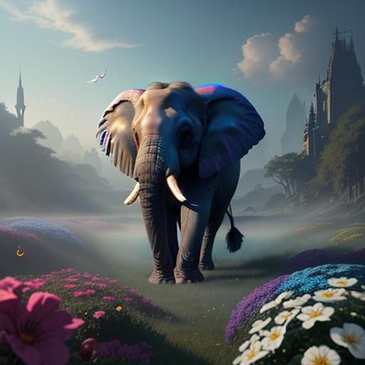 Winged Elephant in a Glossy Flower Garden