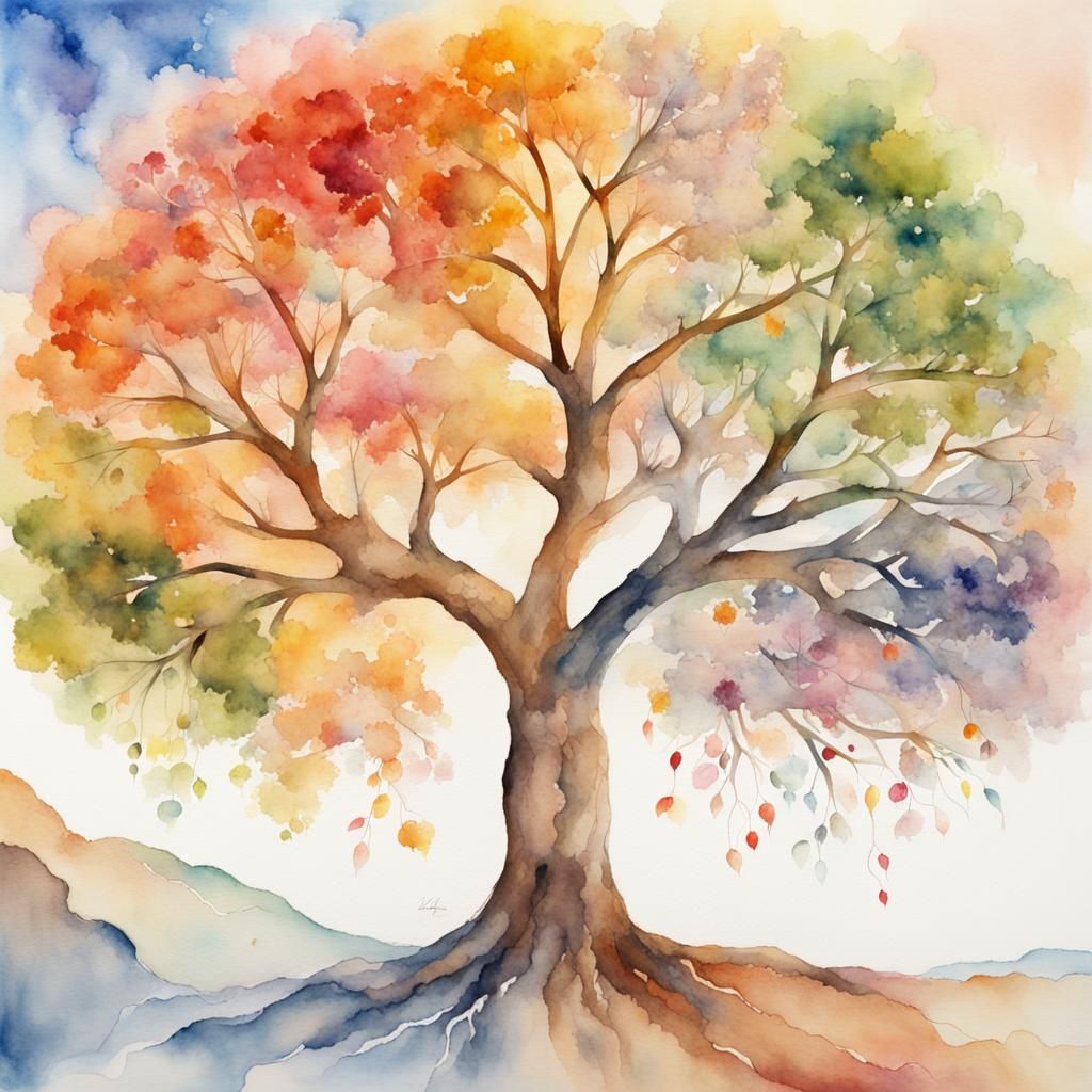 Watercolor Tree of Life Through Four Seasons
