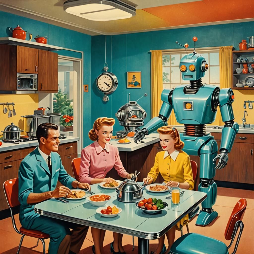 Robot Family Dinner in Retrofuturism Style