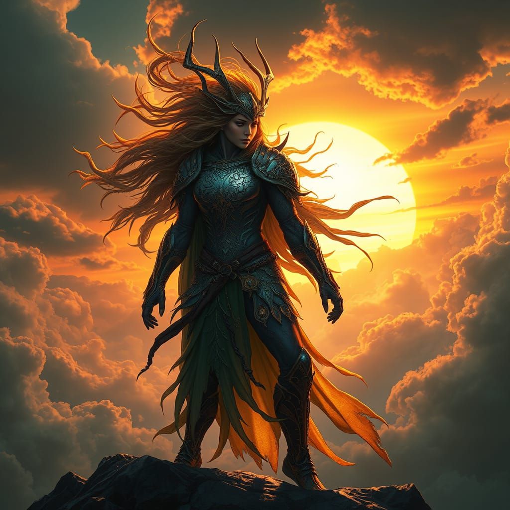 Ethereal Heroine in Turbulent Skies Cyberpunk Art