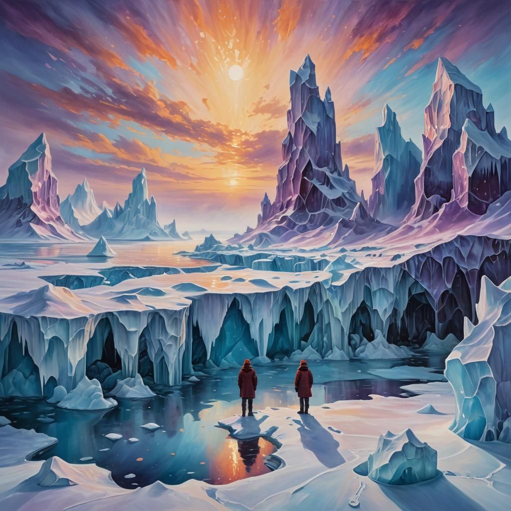 Surreal Frozen Ocean With Icecicles in Oil Painting